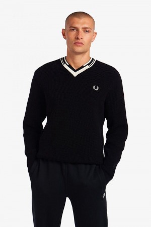 Black Fred Perry Abstract Tipped V-Neck Jumper Men's Knitwear | SG1773AHKP