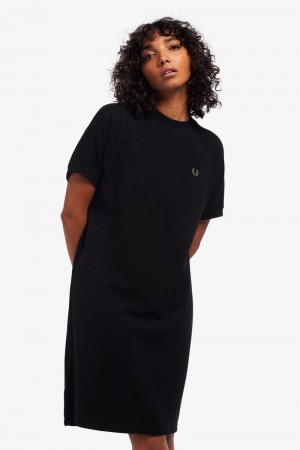 Black Fred Perry Boxy Piqué T-Shirt Women's Dress | SG1177OKIR