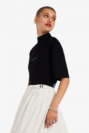 Black Fred Perry Branded High Neck Women's T Shirts | SG1021OKIR