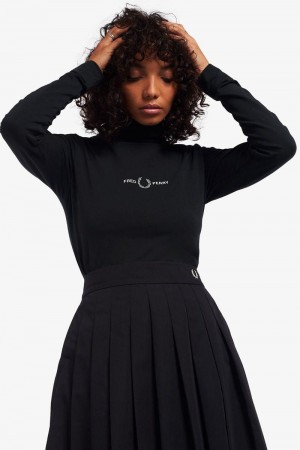 Black Fred Perry Branded Roll Neck Women's T Shirts | SG1020PJJQ