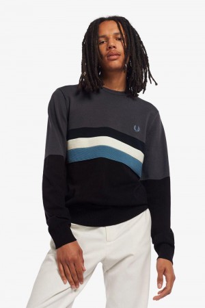 Black Fred Perry Colour Block Crew Jumper Men's Knitwear | SG1753TCEV