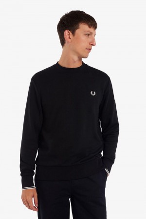 Black Fred Perry Crew Neck Men's Sweatshirts | SG1479LISH