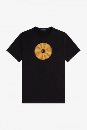 Black Fred Perry Disc Graphic Men's T Shirts | SG1410PJJQ