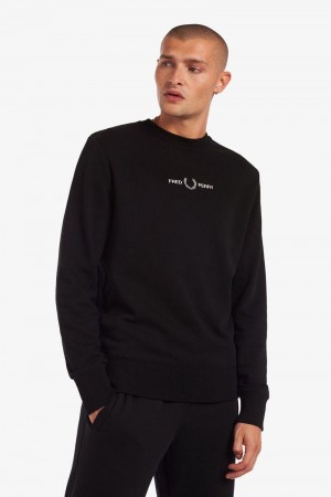 Black Fred Perry Embroidered Men's Sweatshirts | SG1470WNBY