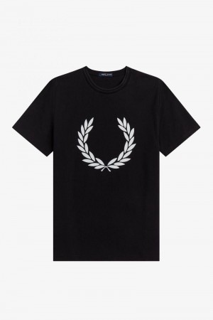 Black Fred Perry Flock Laurel Wreath Men's T Shirts | SG1390RVDW