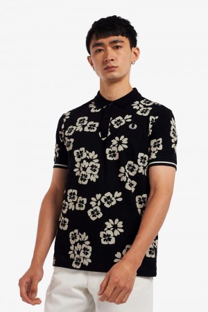 Black Fred Perry Floral Print Polo Men's Shirts | SG1552BEXC