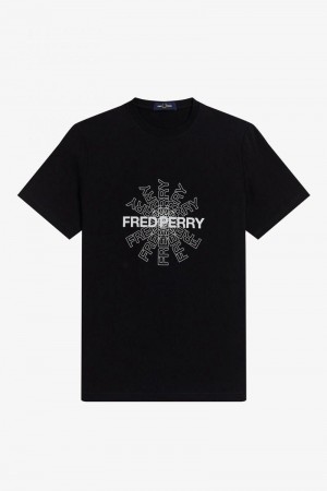 Black Fred Perry Graphic Men's T Shirts | SG1384PJJQ