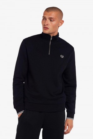 Black Fred Perry Half Zip Men's Sweatshirts | SG1466YXFU