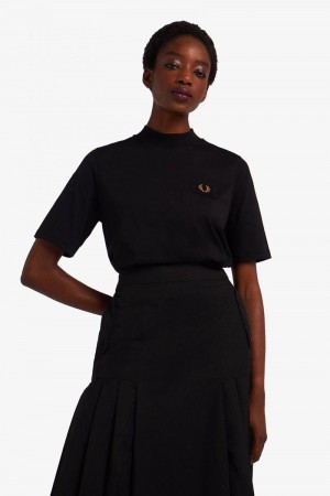 Black Fred Perry High Neck Badge Detail Women's T Shirts | SG1014HAPK