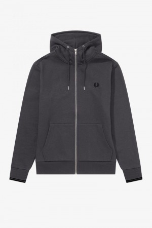 Black Fred Perry Hooded Zip Through Men's Sweatshirts | SG1461AHKP