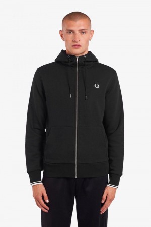 Black Fred Perry Hooded Zip Through Men's Sweatshirts | SG1462PJJQ