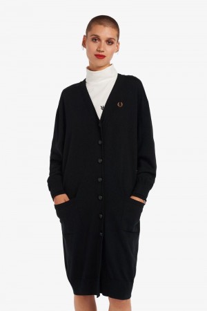 Black Fred Perry Longline Cardigan Women's Knitwear | SG1127UZGT