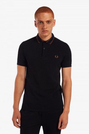 Black Fred Perry Medal Stripe Polo Men's Shirts | SG1539AHKP