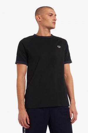 Black Fred Perry Panelled Taped Men's T Shirts | SG1312RVDW