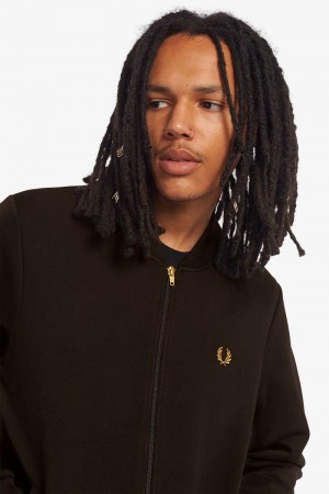 Black Fred Perry Piqué Texture Track Men's Jackets | SG1819CTVE