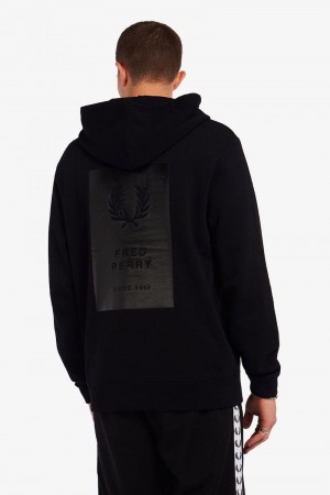 Black Fred Perry Printed Patch Hooded Sweatshrt Men's Sweatshirts | SG1450CTVE