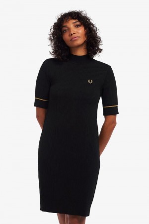 Black Fred Perry Ribbed Knitted Women's Dress | SG1173DFMN