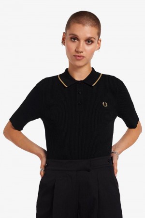 Black Fred Perry Ribbed Knitted Women's Shirts | SG1071AHKP