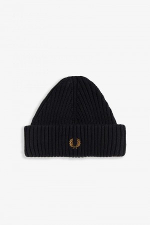 Black Fred Perry Short Ribbed Men's Beanie | SG1989PJJQ