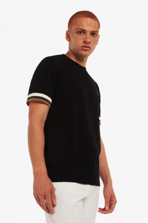 Black Fred Perry Striped Cuff Piqué Men's T Shirts | SG1277DFMN