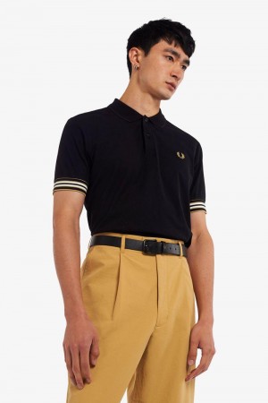 Black Fred Perry Striped Cuff Polo Men's Shirts | SG1514PJJQ