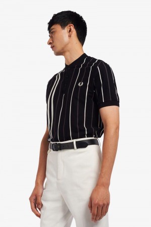 Black Fred Perry Striped Henley Polo Men's Shirts | SG1512SGLO