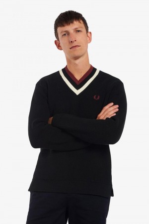 Black Fred Perry Striped V-Neck Jumper Men's Knitwear | SG1727TCEV