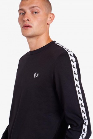 Black Fred Perry Taped Long Sleeve Men's T Shirts | SG1274HAPK