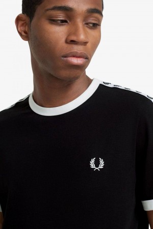 Black Fred Perry Taped Ringer Men's T Shirts | SG1271LISH