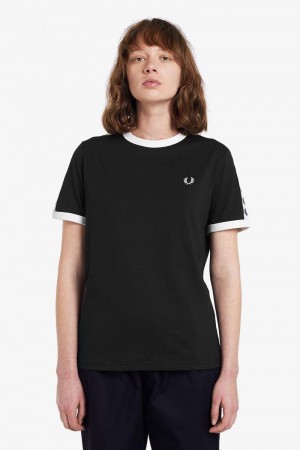 Black Fred Perry Taped Ringer Women's T Shirts | SG1001EBCX