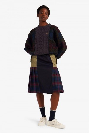 Black Fred Perry Tartan Panel Cable Knit Jumper Women's Knitwear | SG1115LISH