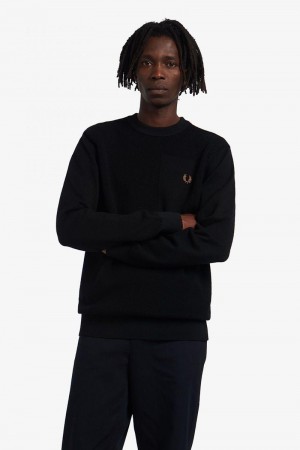 Black Fred Perry Textured Merino Jumper Men's Knitwear | SG1725UZGT