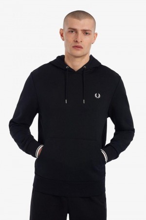 Black Fred Perry Tipped Hooded Men's Sweatshirts | SG1439UZGT