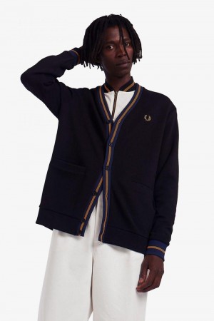 Black Fred Perry Tipped Piqué Textured Cardigan Men's Sweatshirts | SG1431GSOL