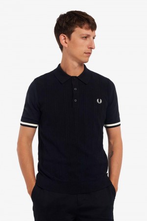 Black Fred Perry Tipping Texture Knitted Men's Shirts | SG1507JPQJ