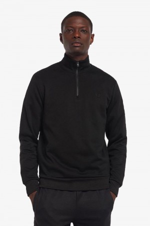 Black Fred Perry Tonal Tape Half Zip Men's Sweatshirts | SG1429JPQJ