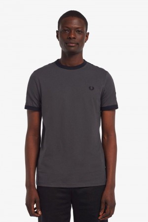 Black Fred Perry Tonal Tape Ringer Men's T Shirts | SG1259TCEV