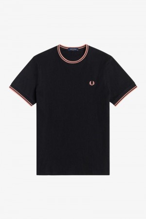 Black Fred Perry Twin Tipped Men's T Shirts | SG1255OKIR