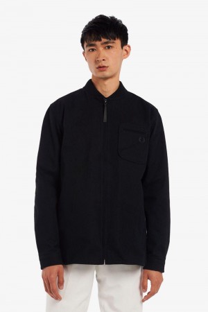 Black Fred Perry Zip-Through Flannel Men's Shirts | SG1498MQZA