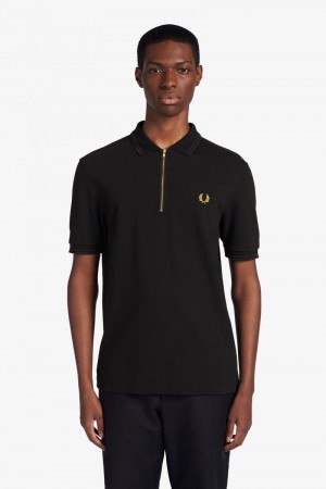 Black Fred Perry Zip Neck Polo Men's Shirts | SG1502CTVE