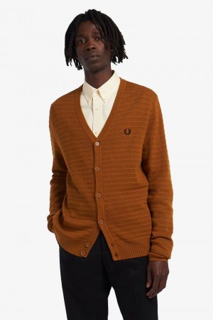 Camel Fred Perry Chevron Textured Cardigan Men's Knitwear | SG1767JPQJ