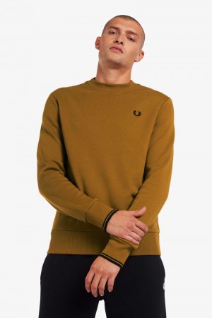 Camel Fred Perry Crew Neck Men's Sweatshirts | SG1478ZUTG