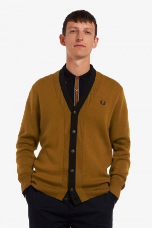 Camel Fred Perry Double Placket Cardigan Men's Knitwear | SG1751UZGT