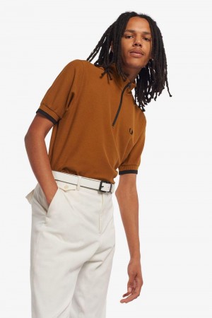 Camel Fred Perry Funnel Neck Polo Men's Shirts | SG1549QMAZ