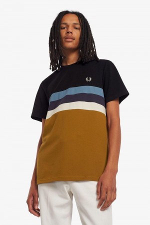 Camel Fred Perry Panelled Stripe Men's T Shirts | SG1313EBCX