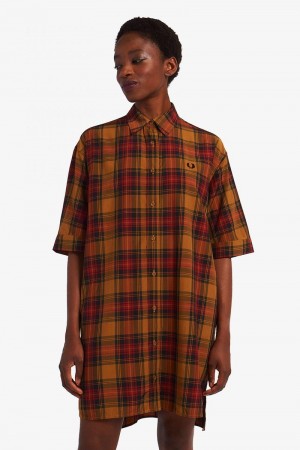 Camel Fred Perry Stepped Hem Tartan Shirt Women's Dress | SG1161NWYB