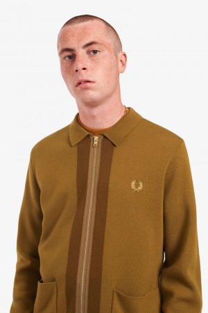 Camel Fred Perry Zip Through Cardigan Men's Knitwear | SG1721AHKP