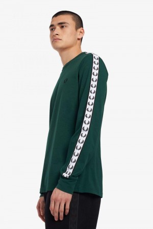 Dark Green Fred Perry Taped Long Sleeve Men's T Shirts | SG1273JPQJ