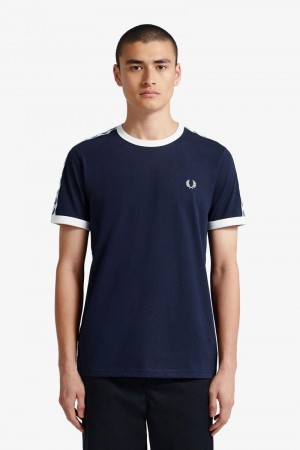 Dark Grey Blue Fred Perry Taped Ringer Men's T Shirts | SG1270ZUTG