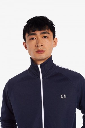 Dark Grey Blue Fred Perry Taped Track Men's Jackets | SG1791ZUTG